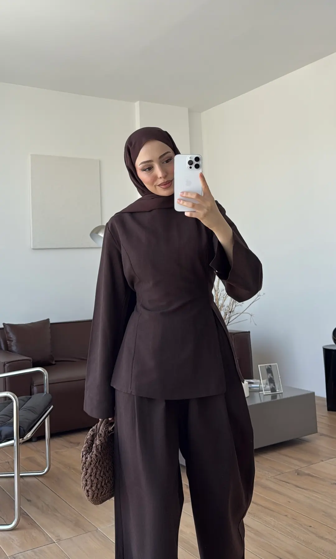 Vera Yırtmaç Detay Keten Takım Kahve