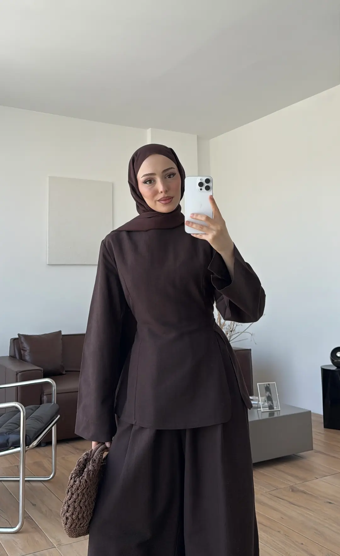Vera Yırtmaç Detay Keten Takım Kahve