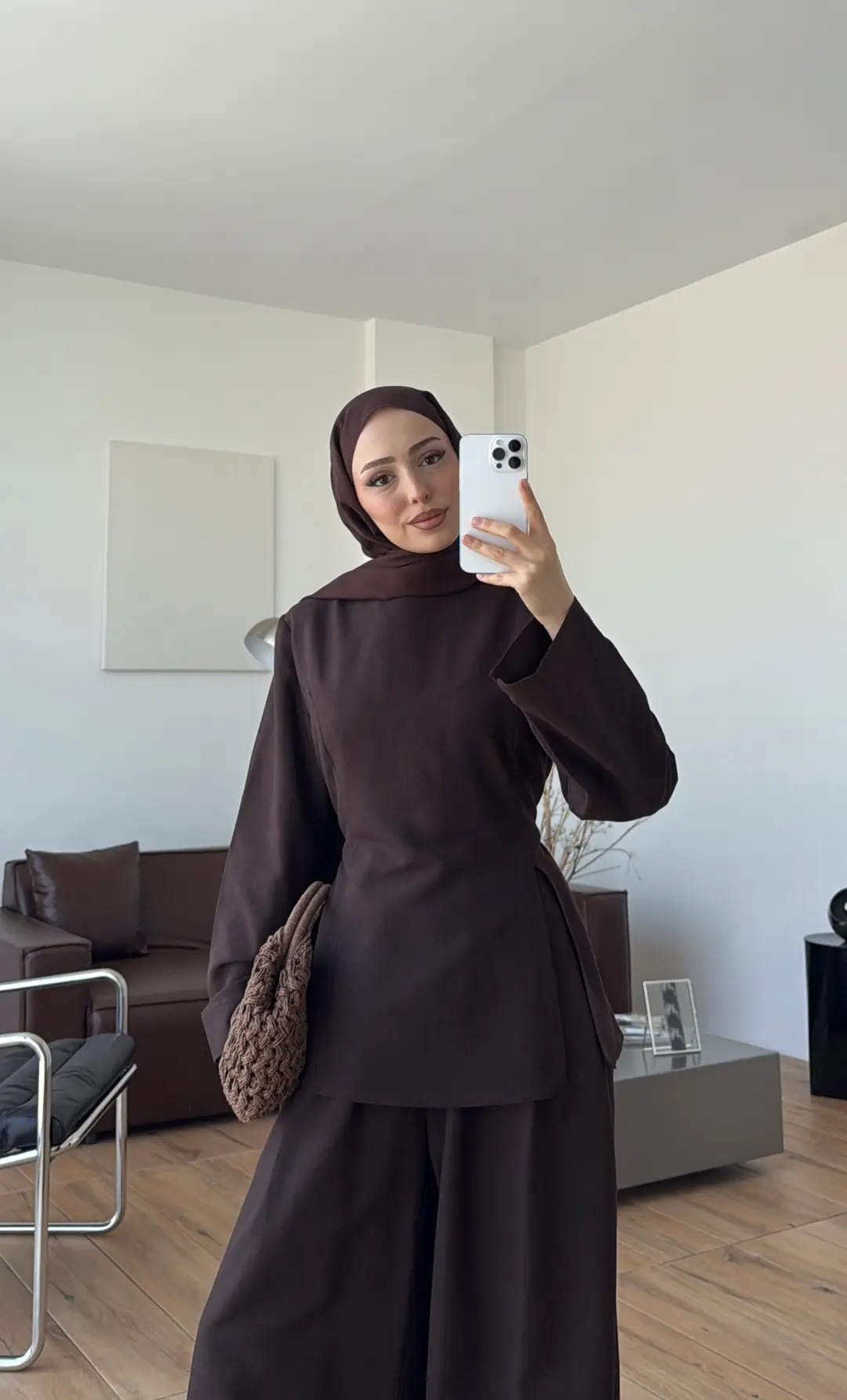 Vera Yırtmaç Detay Keten Takım Kahve