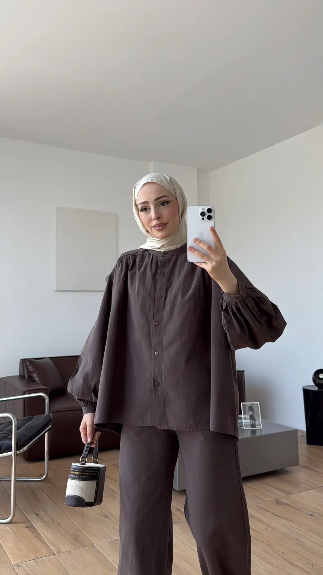 Keten Büzgülü Takım Kahve