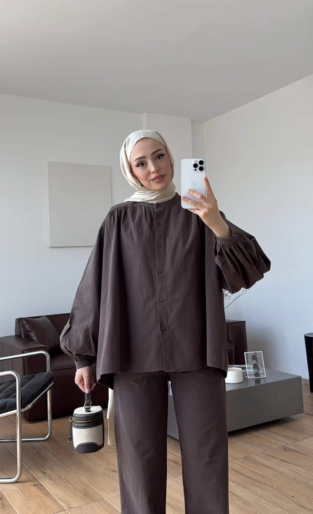 Keten Büzgülü Takım Kahve