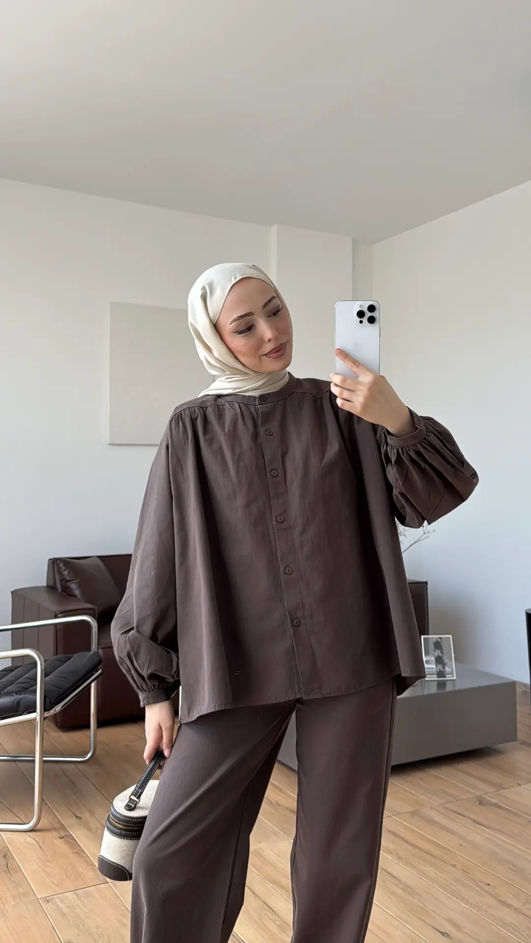 Keten Büzgülü Takım Kahve