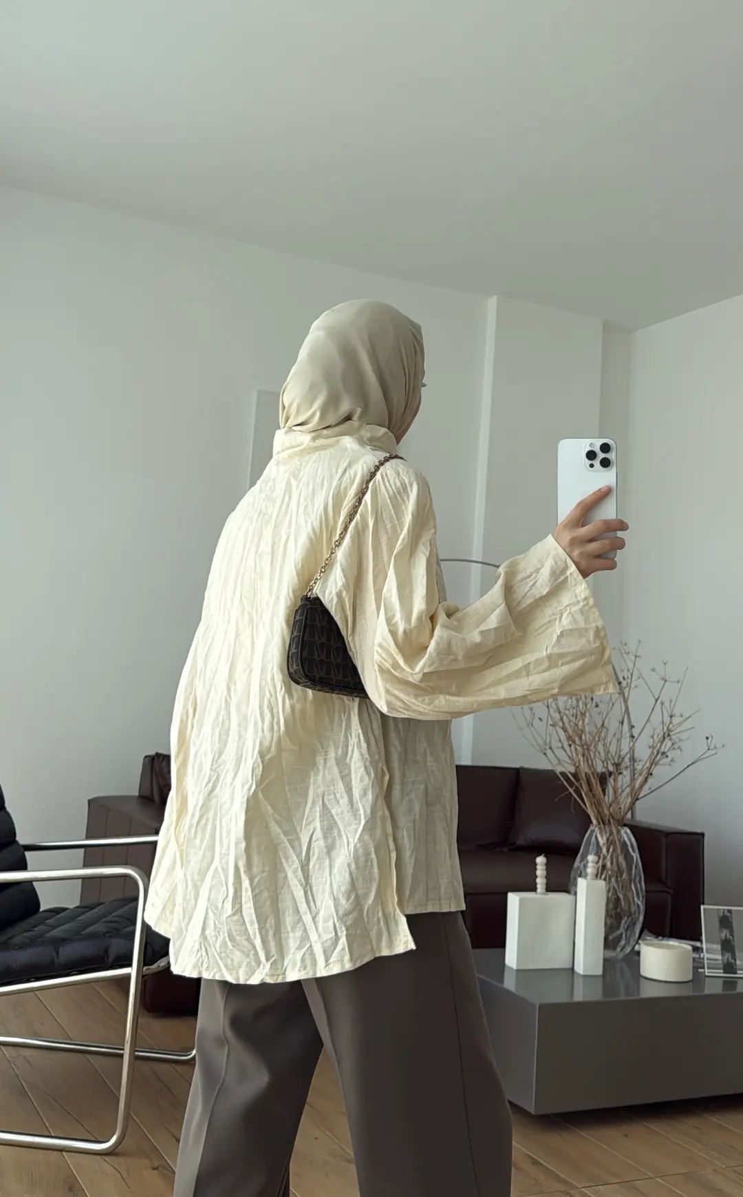 Kırışık Keten Bluz Bej