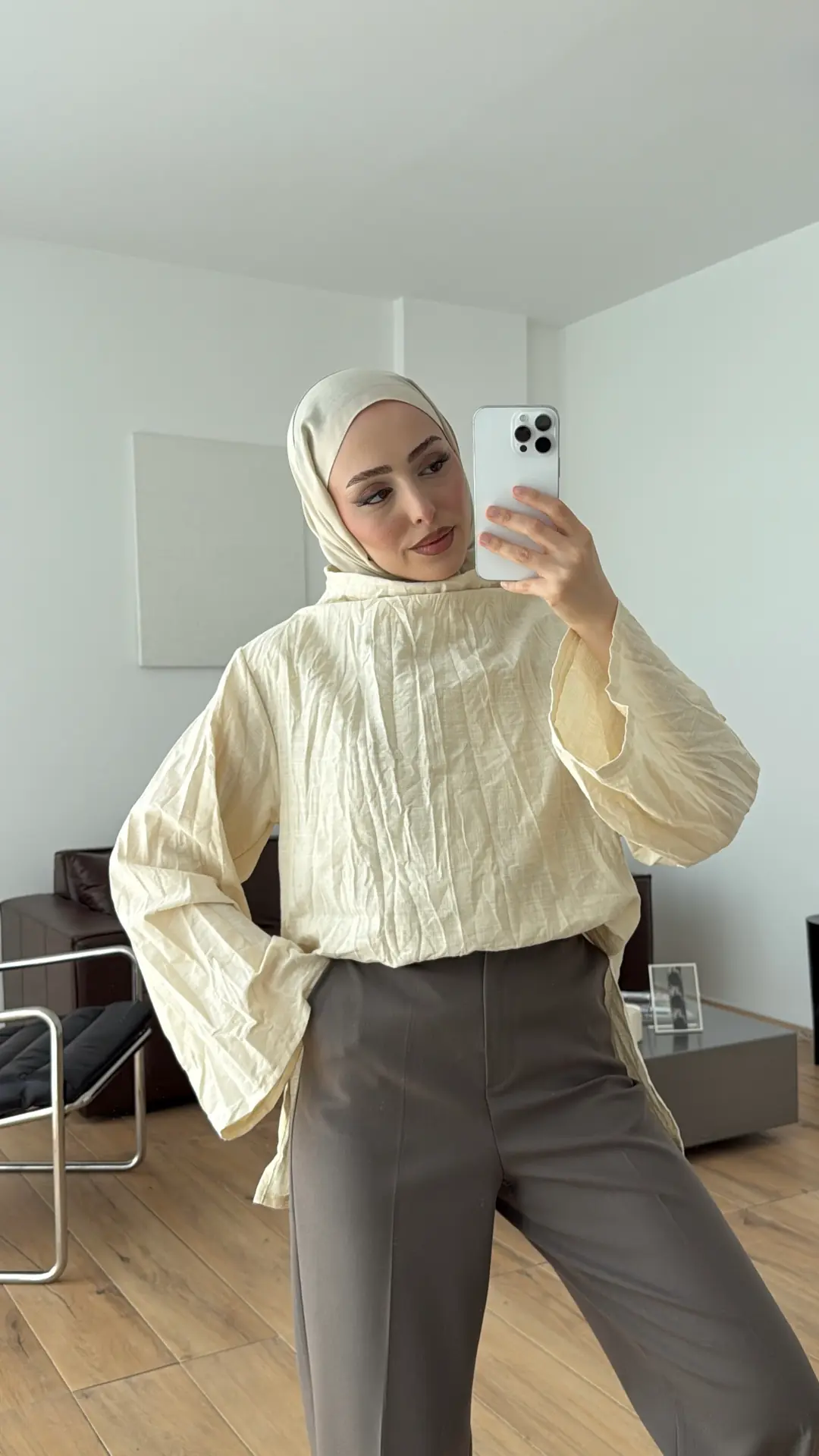 Kırışık Keten Bluz Bej