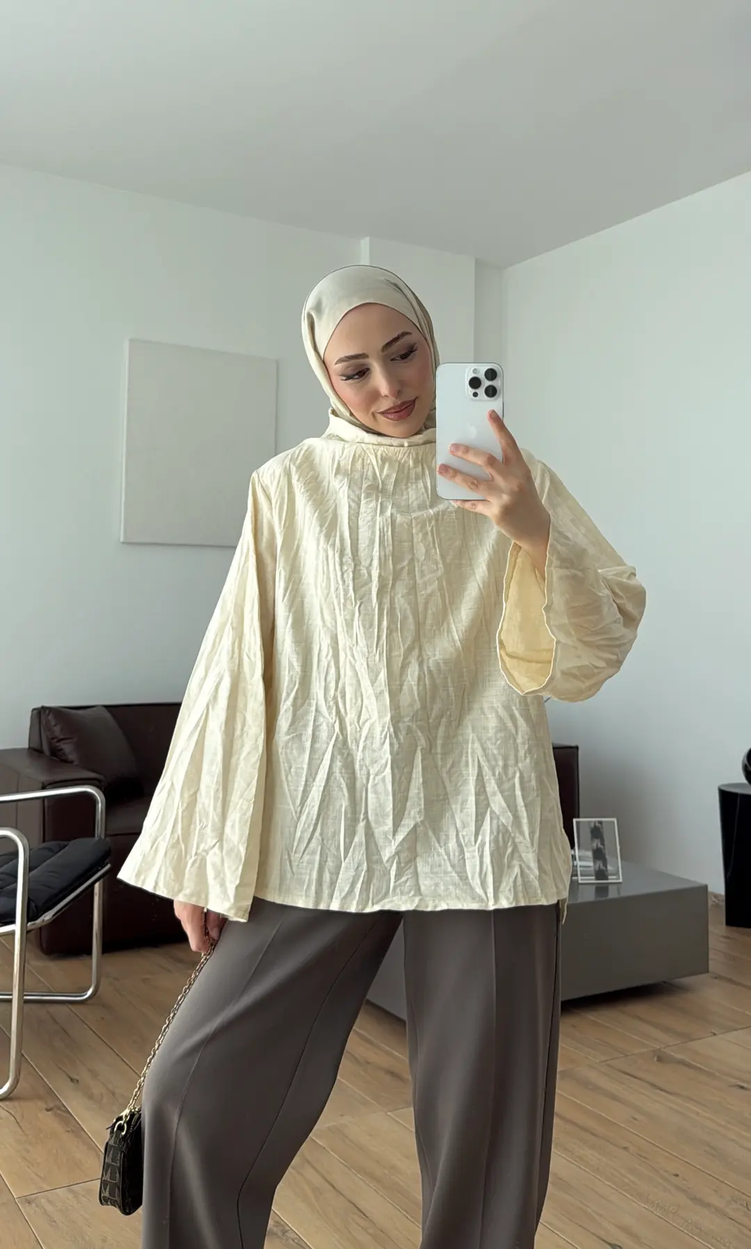Kırışık Keten Bluz Bej