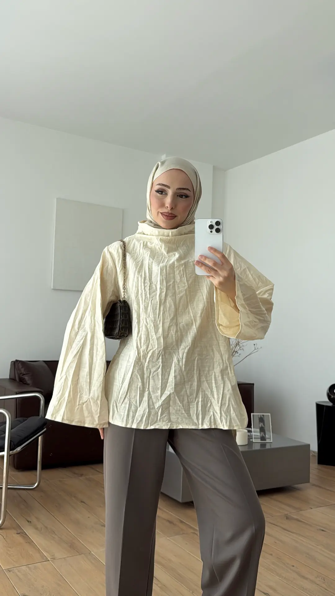 Kırışık Keten Bluz Bej