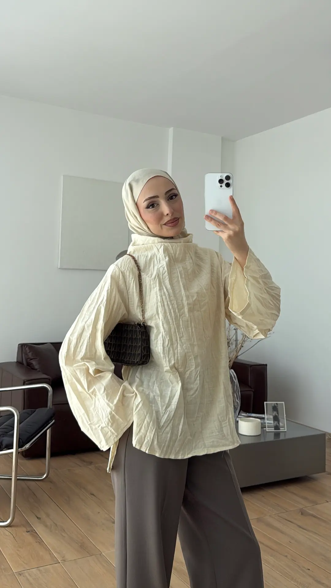 Kırışık Keten Bluz Bej