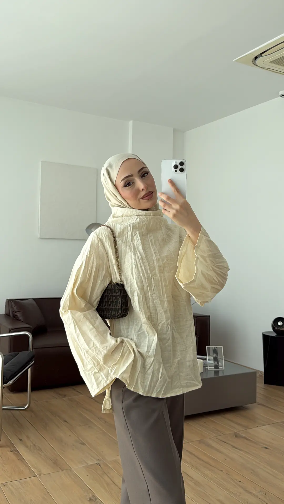 Kırışık Keten Bluz Bej