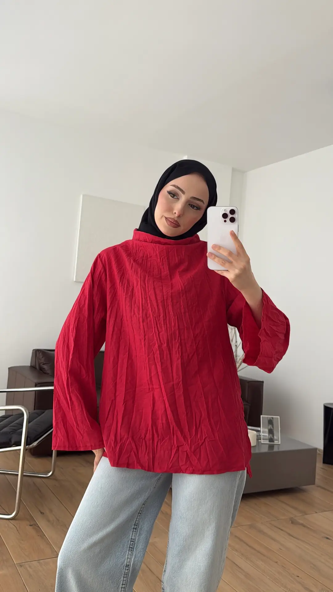 Kırışık Keten Bluz Kırmızı