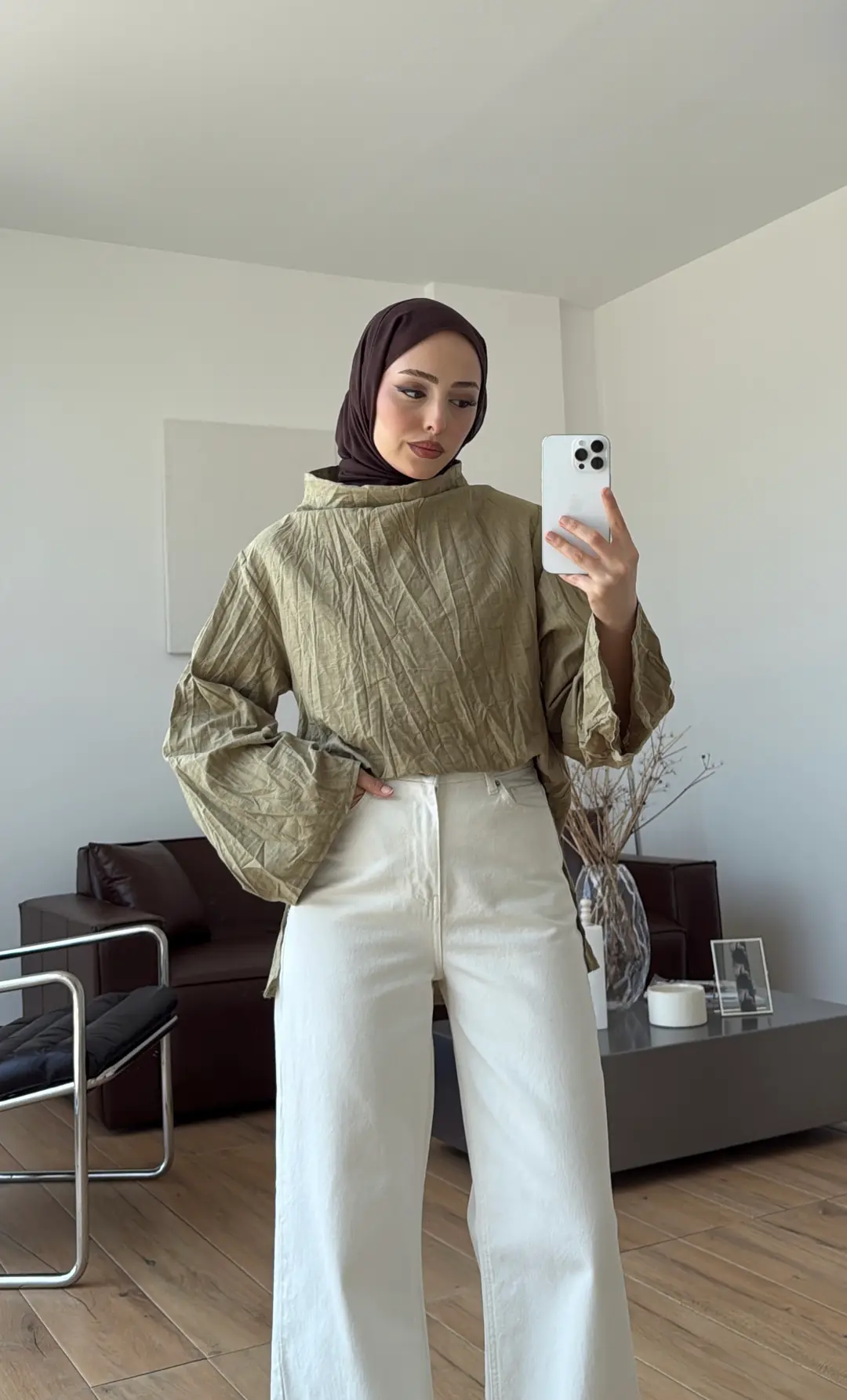 Kırışık Keten Bluz Haki