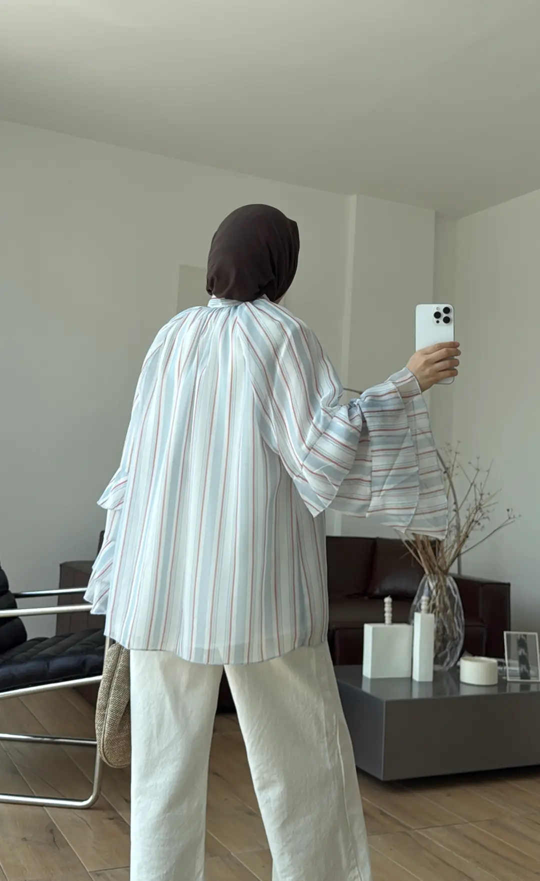 Oryo Baskılı Şifon Bluz Mavi/Beyaz