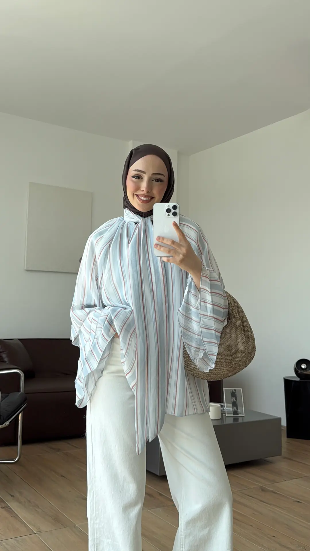 Oryo Baskılı Şifon Bluz Mavi/Beyaz