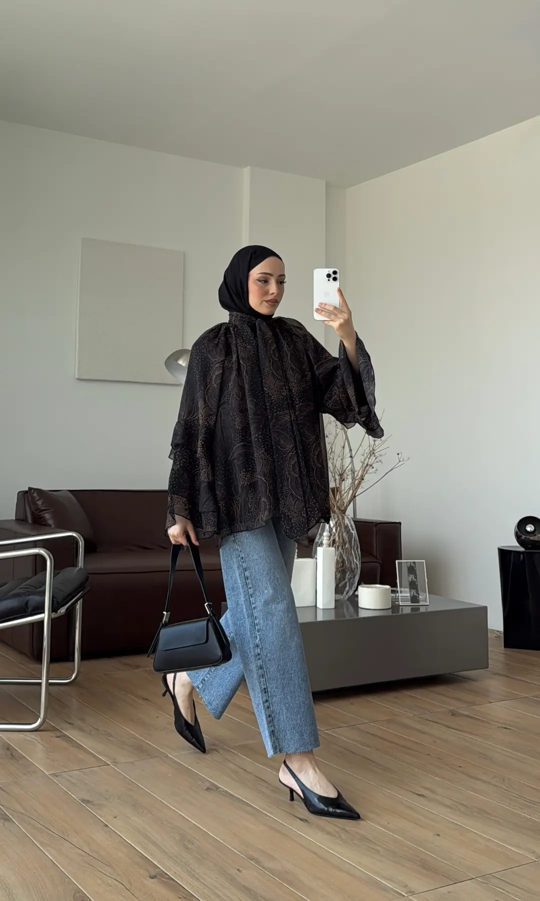 Oryo Baskılı Şifon Bluz Siyah