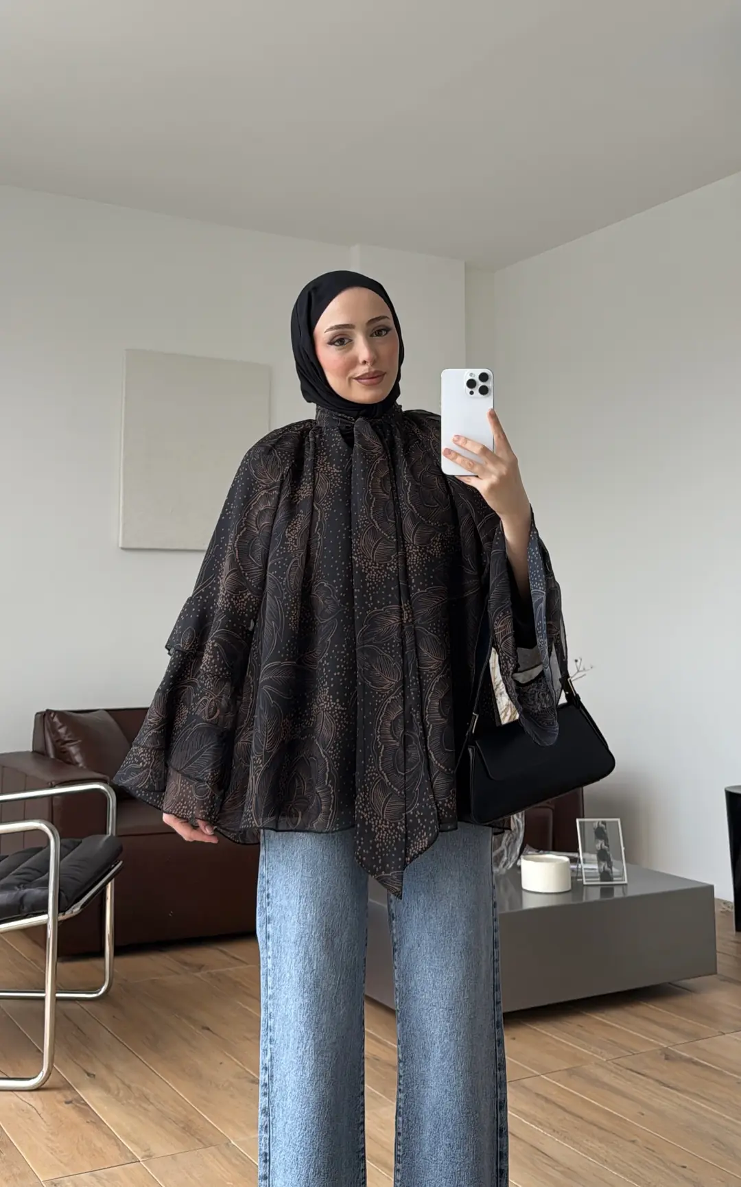Oryo Baskılı Şifon Bluz Siyah
