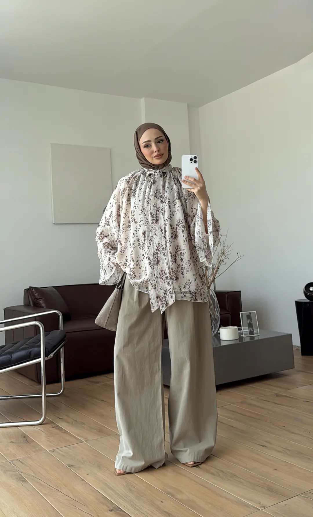 Oryo Baskılı Şifon Bluz Krem