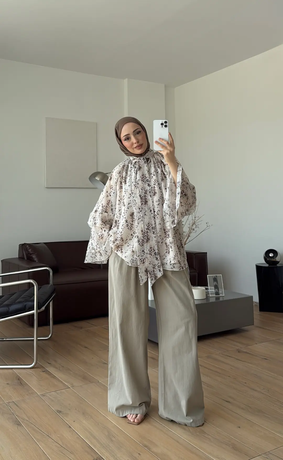 Oryo Baskılı Şifon Bluz Krem