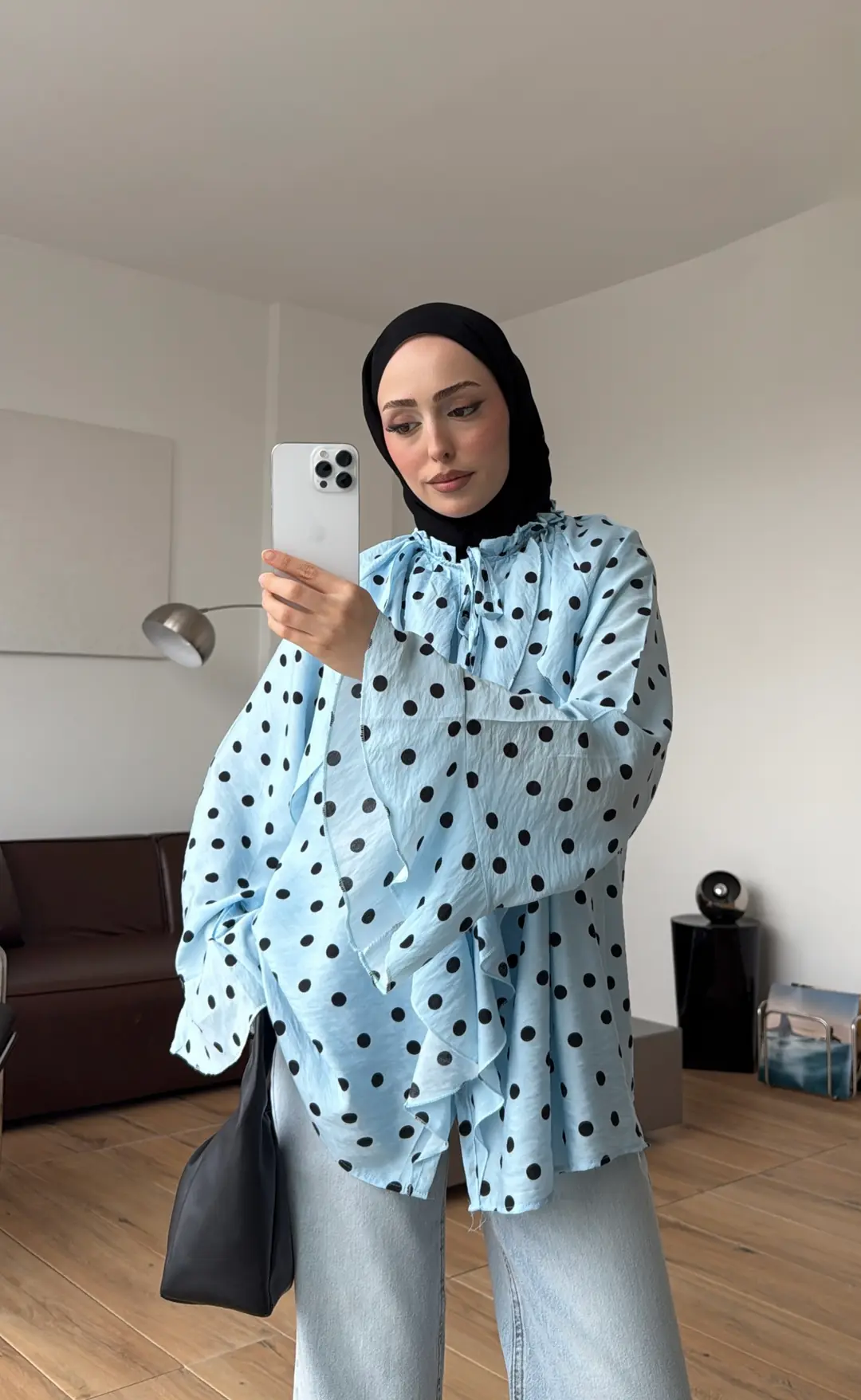 Fırfır Detaylı Puantiyeli Gömlek Mavi
