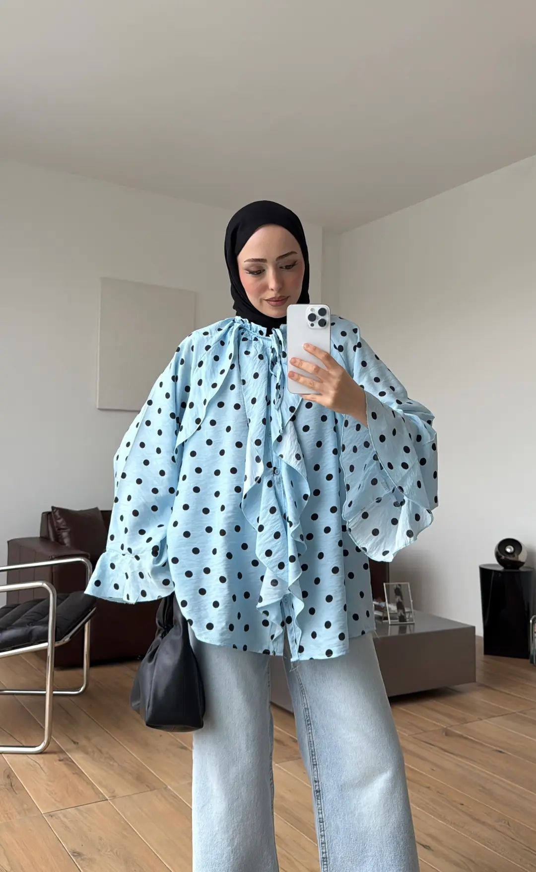 Fırfır Detaylı Puantiyeli Gömlek Mavi