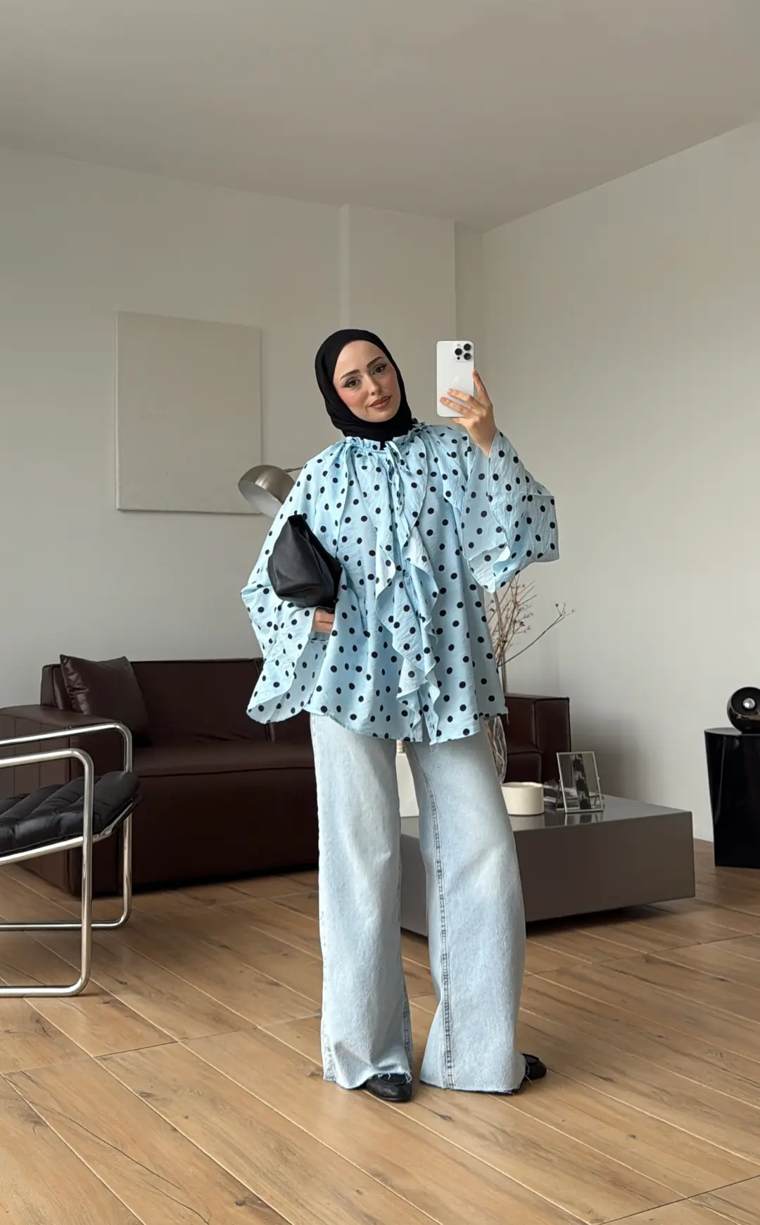 Fırfır Detaylı Puantiyeli Gömlek Mavi
