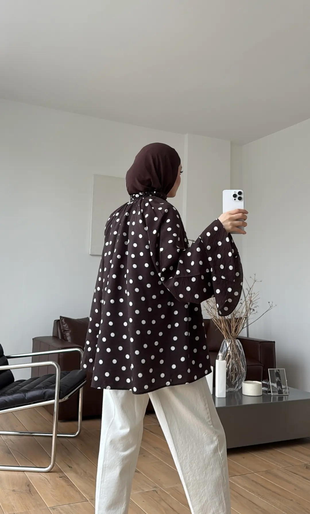 Fırfır Detaylı Puantiyeli Gömlek Kahve