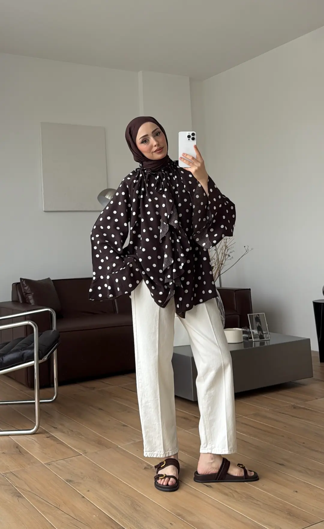 Fırfır Detaylı Puantiyeli Gömlek Kahve
