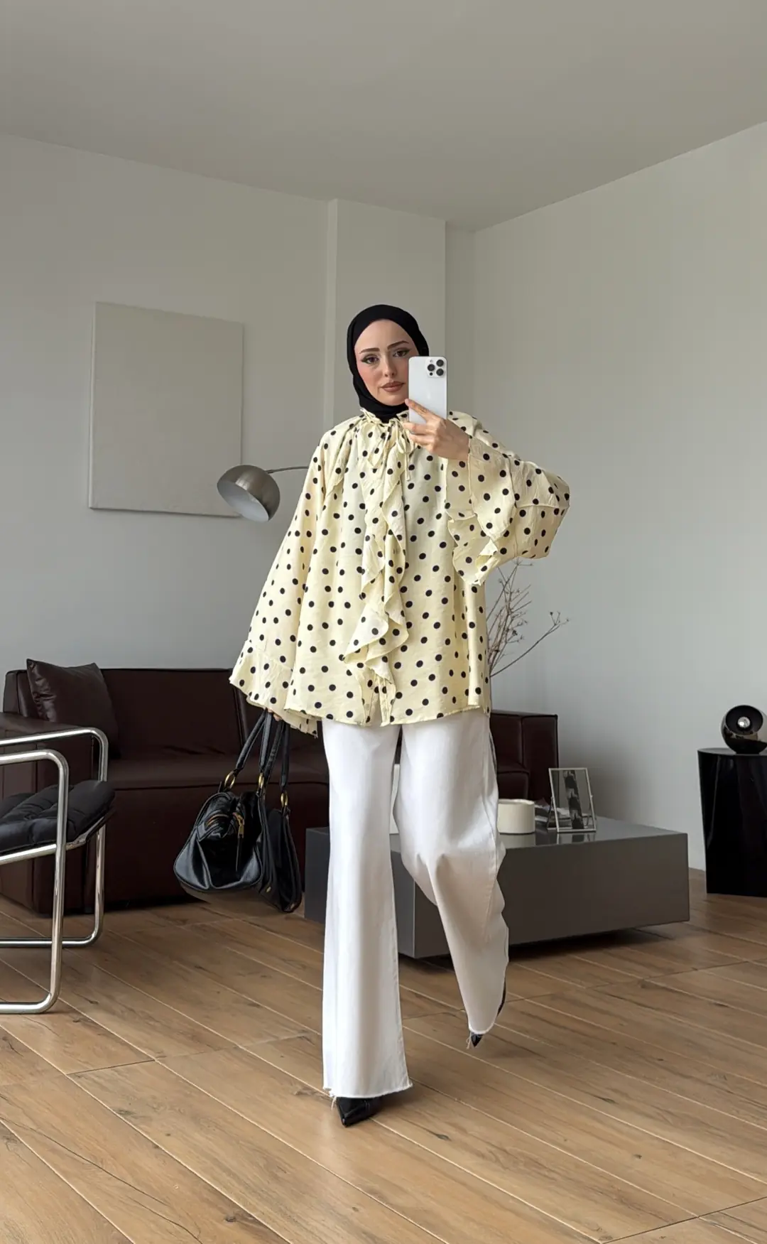 Fırfır Detaylı Puantiyeli Gömlek Sarı