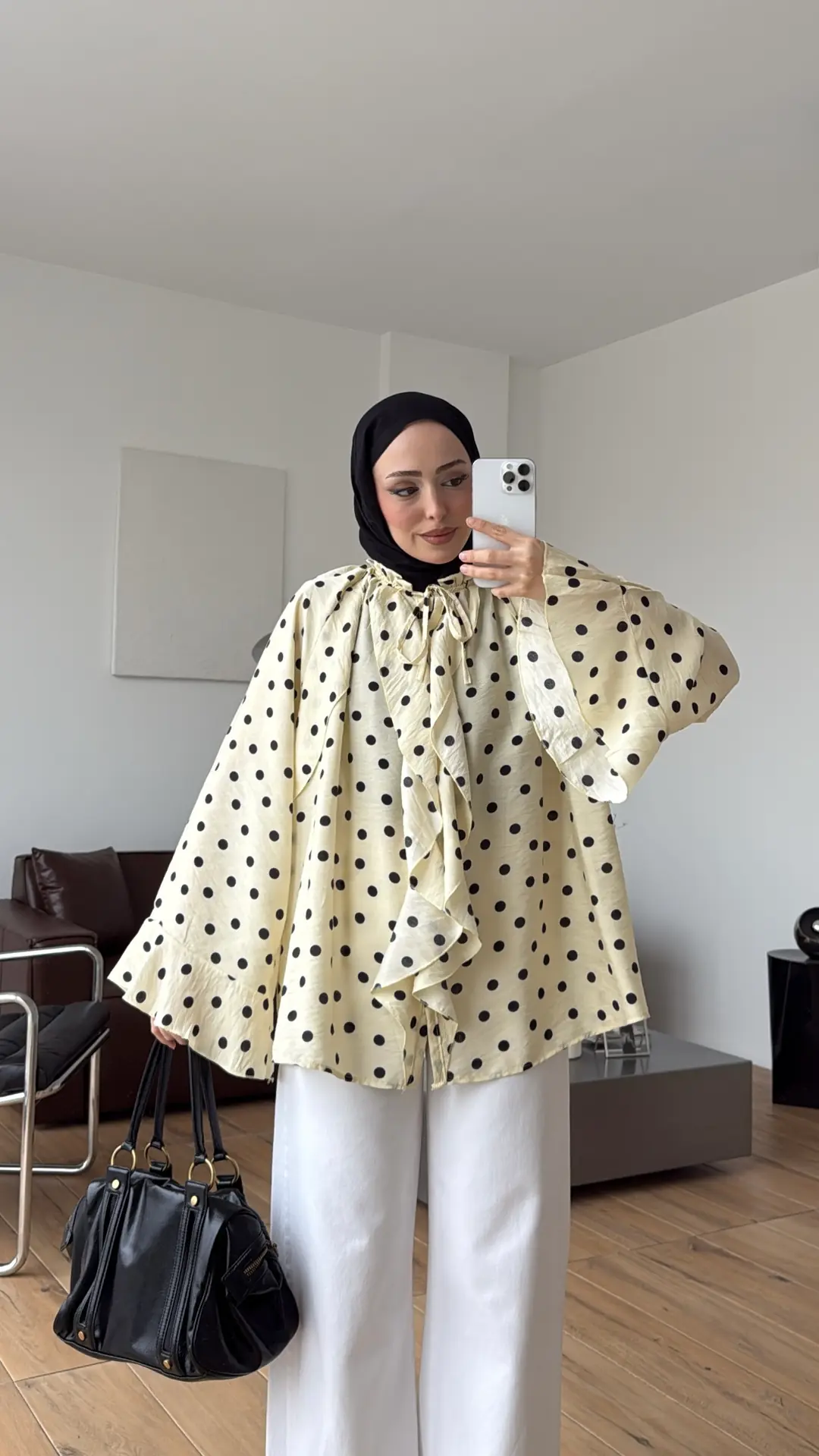 Fırfır Detaylı Puantiyeli Gömlek Sarı