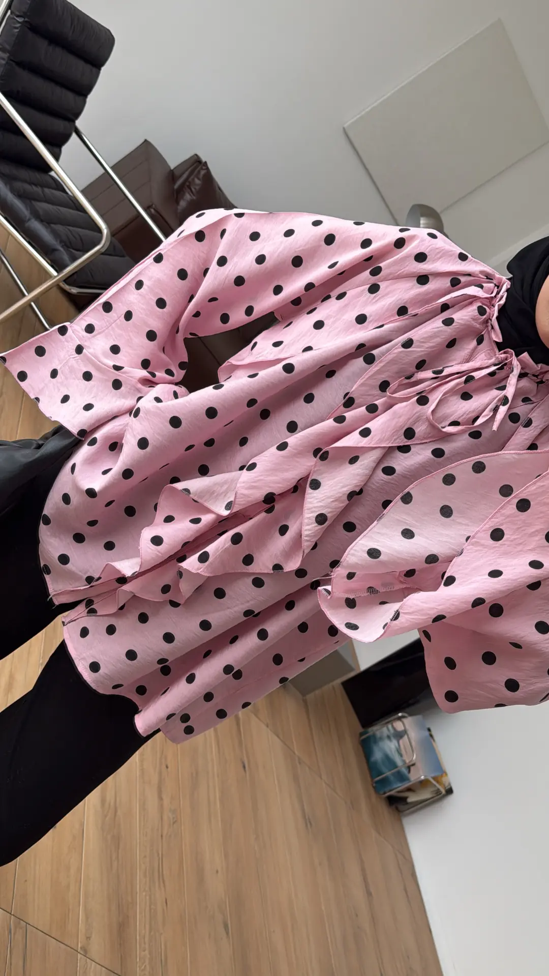 Fırfır Detaylı Puantiyeli Gömlek Pembe