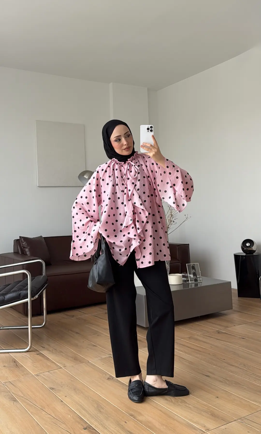 Fırfır Detaylı Puantiyeli Gömlek Pembe