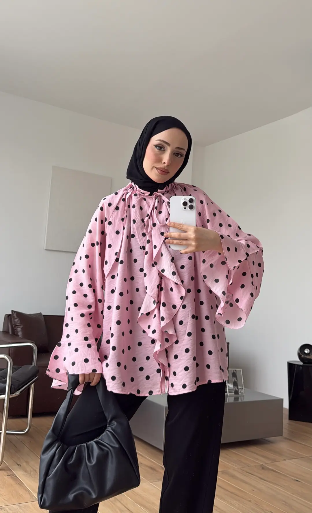 Fırfır Detaylı Puantiyeli Gömlek Pembe