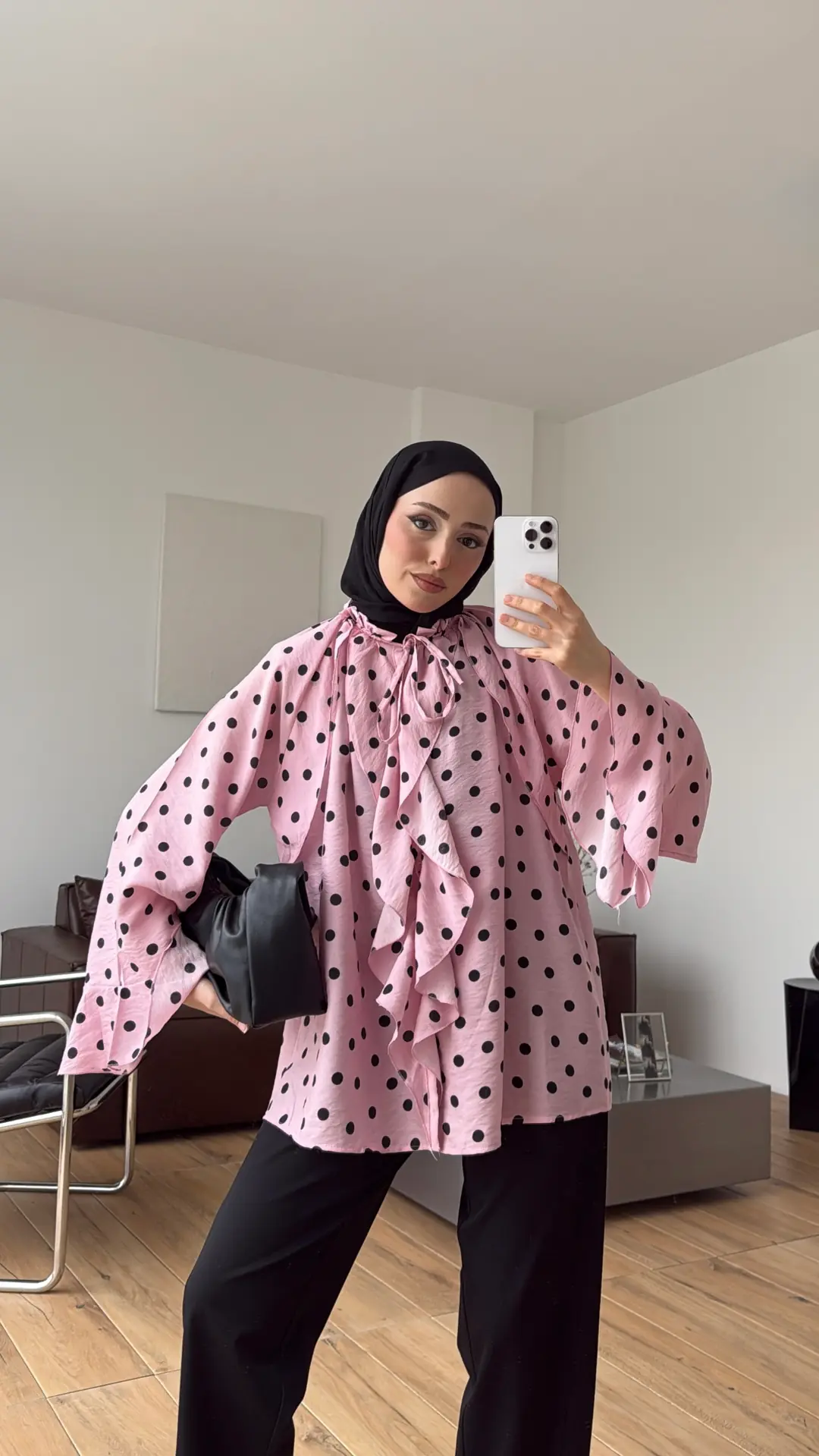 Fırfır Detaylı Puantiyeli Gömlek Pembe