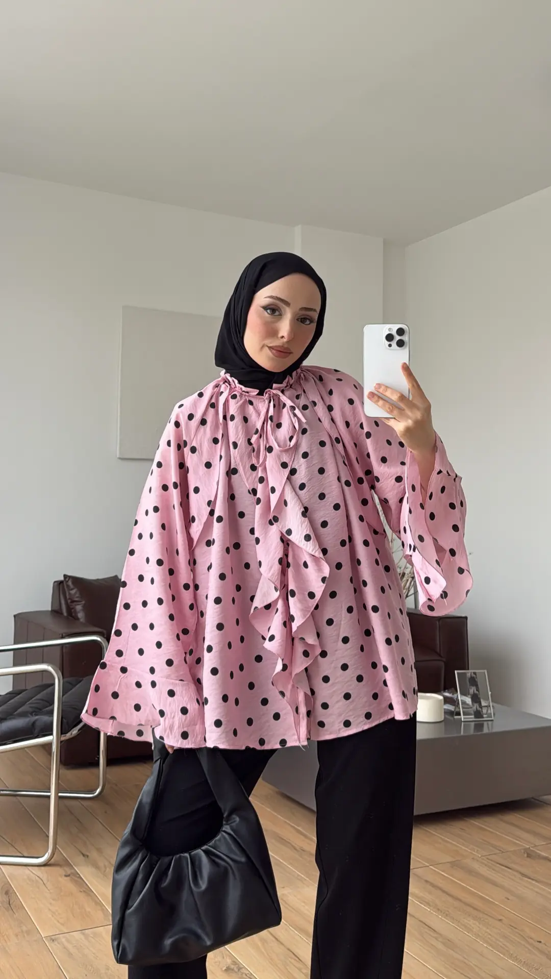Fırfır Detaylı Puantiyeli Gömlek Pembe