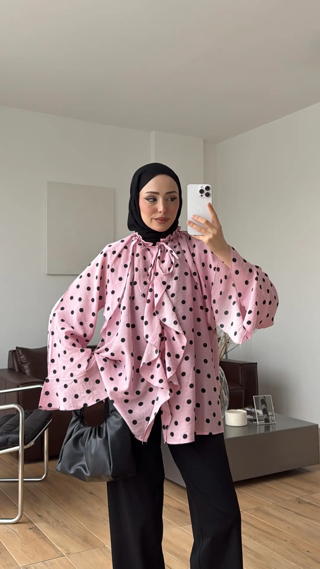 Fırfır Detaylı Puantiyeli Gömlek Pembe