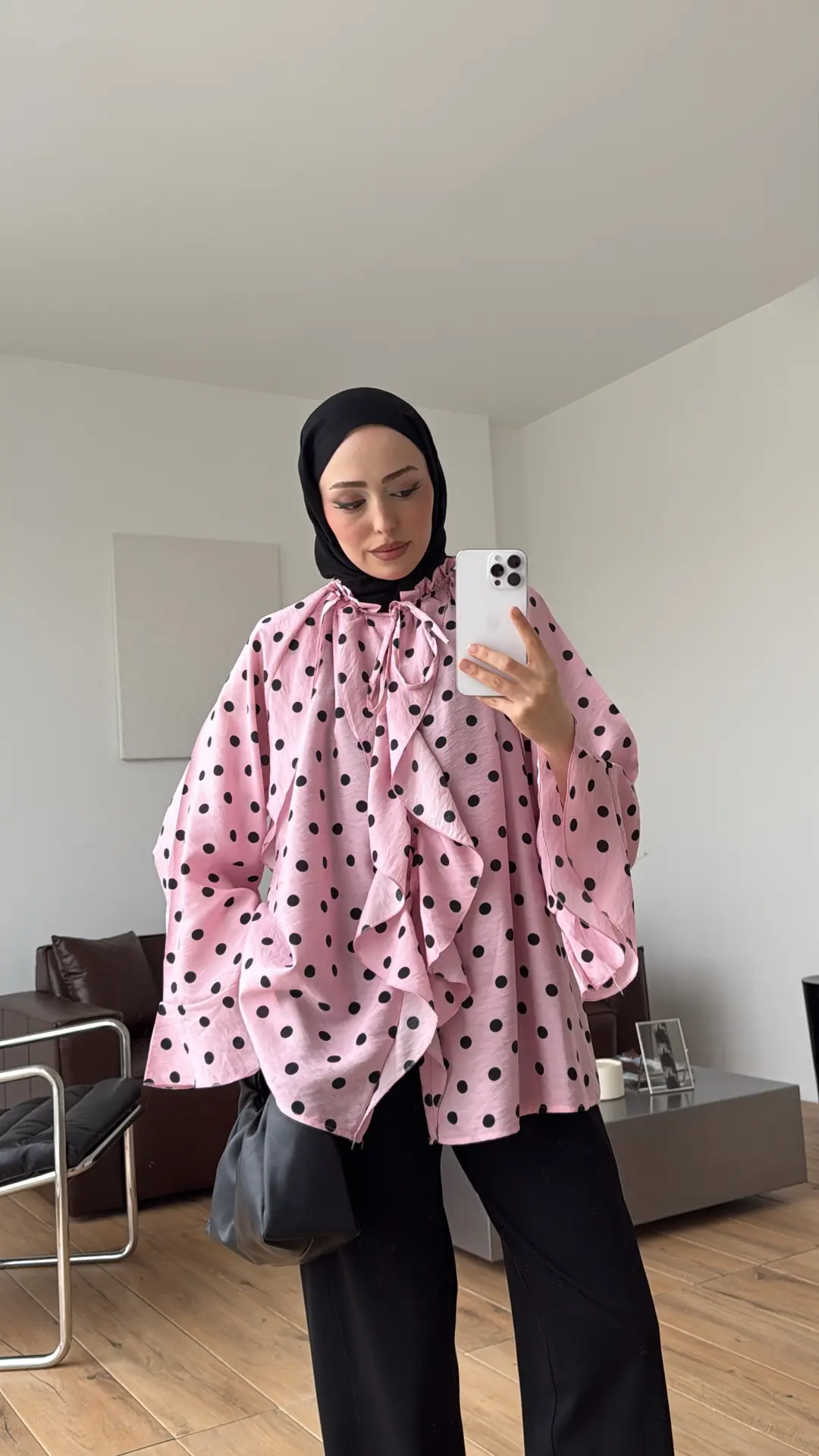 Fırfır Detaylı Puantiyeli Gömlek Pembe
