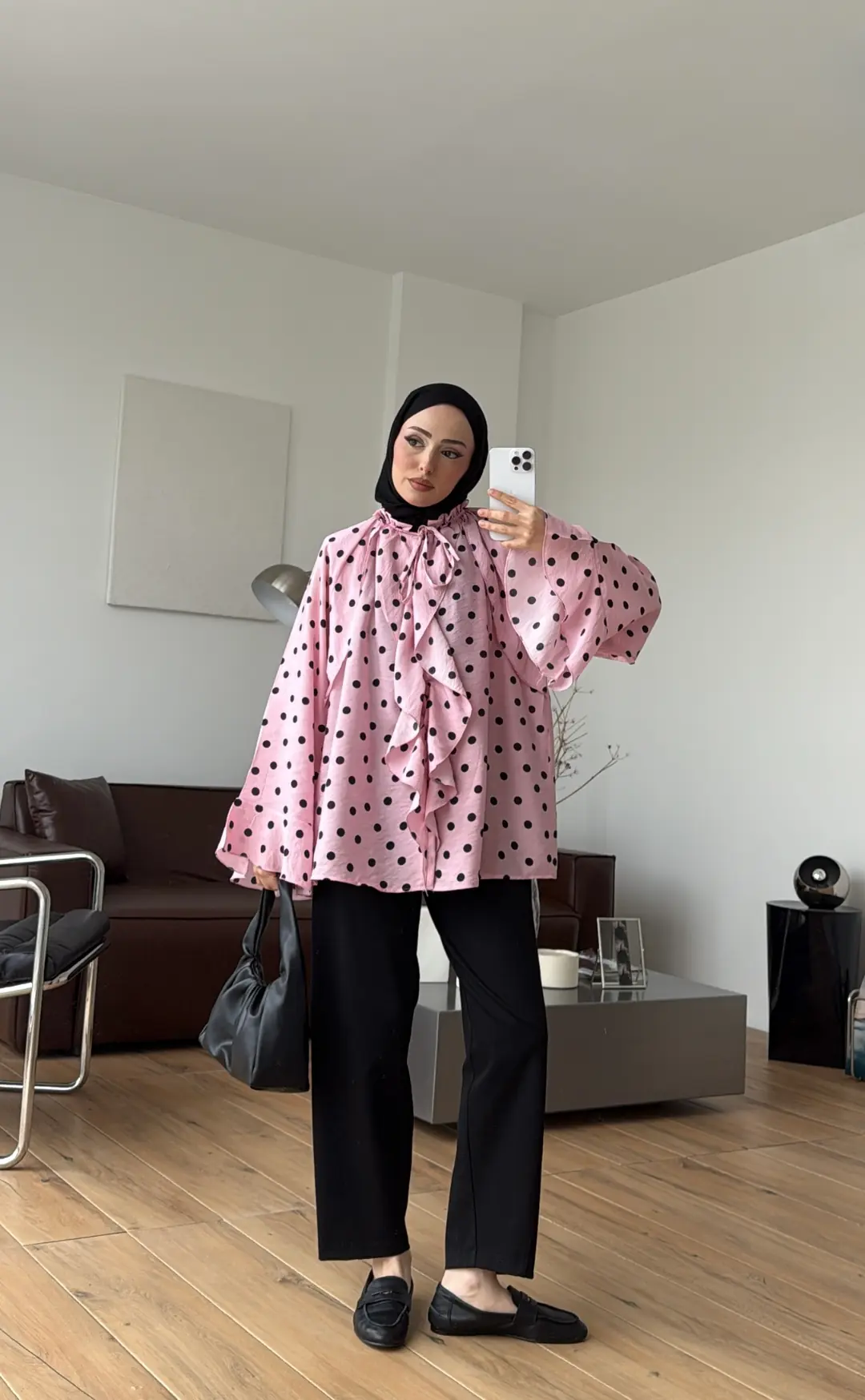 Fırfır Detaylı Puantiyeli Gömlek Pembe