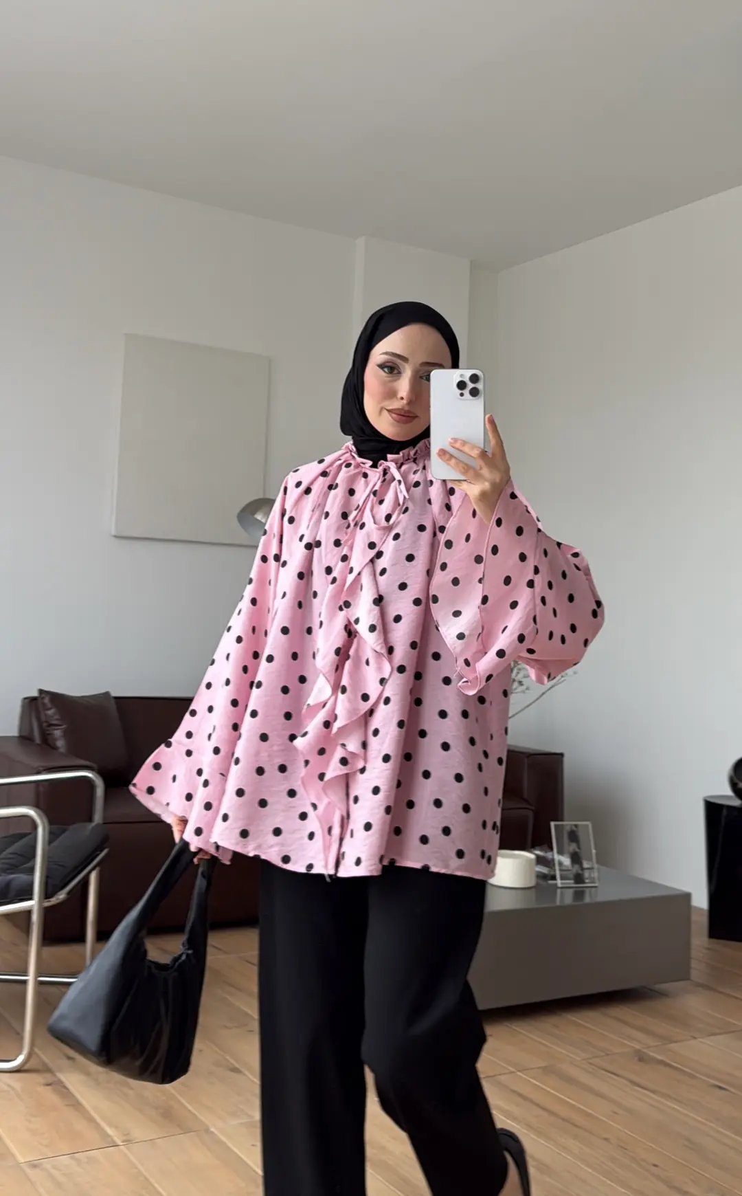 Fırfır Detaylı Puantiyeli Gömlek Pembe