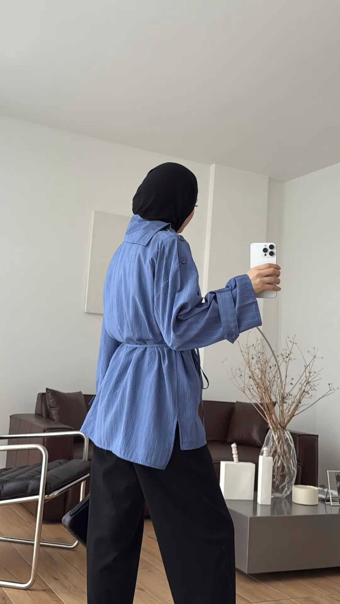 Yakası Düğme Detaylı Çizgili Gömlek İndigo