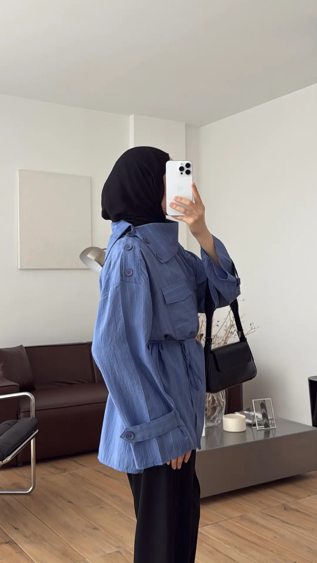 Yakası Düğme Detaylı Çizgili Gömlek İndigo