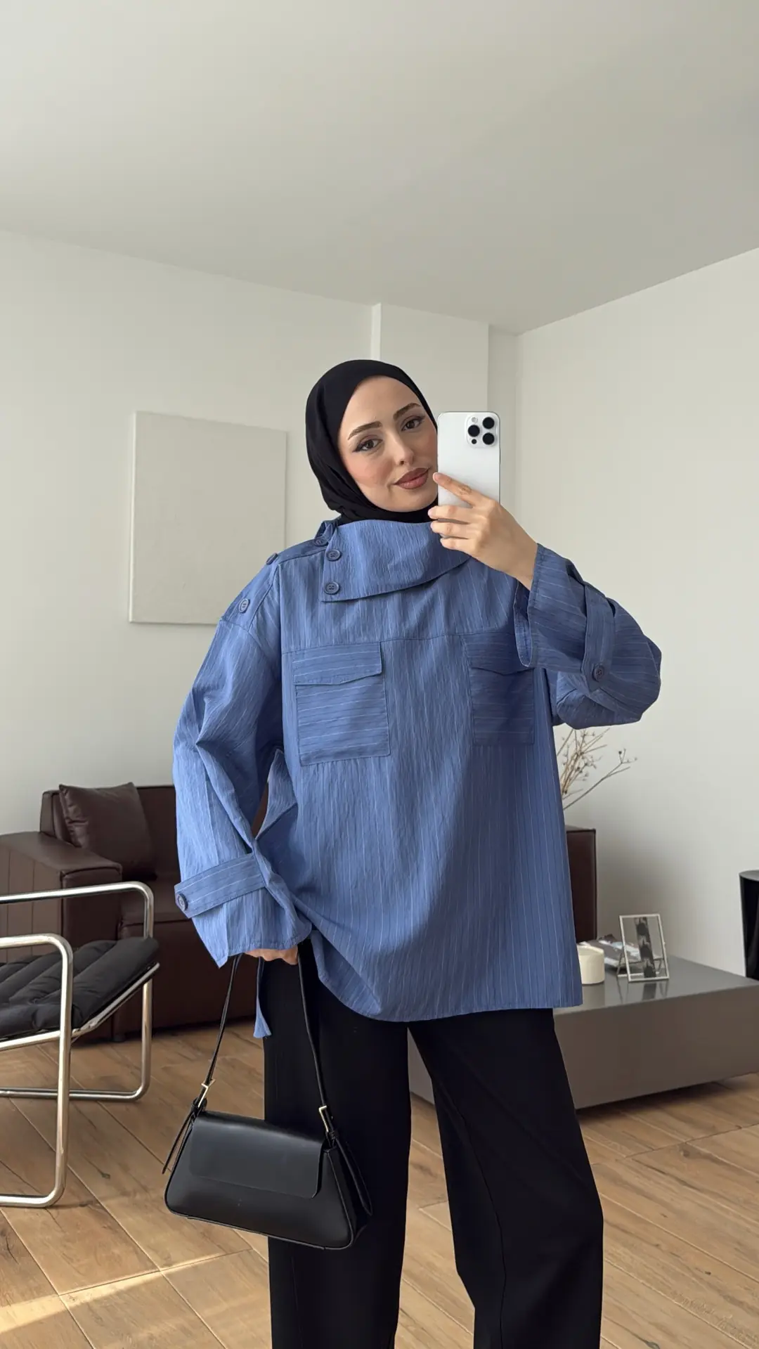 Yakası Düğme Detaylı Çizgili Gömlek İndigo