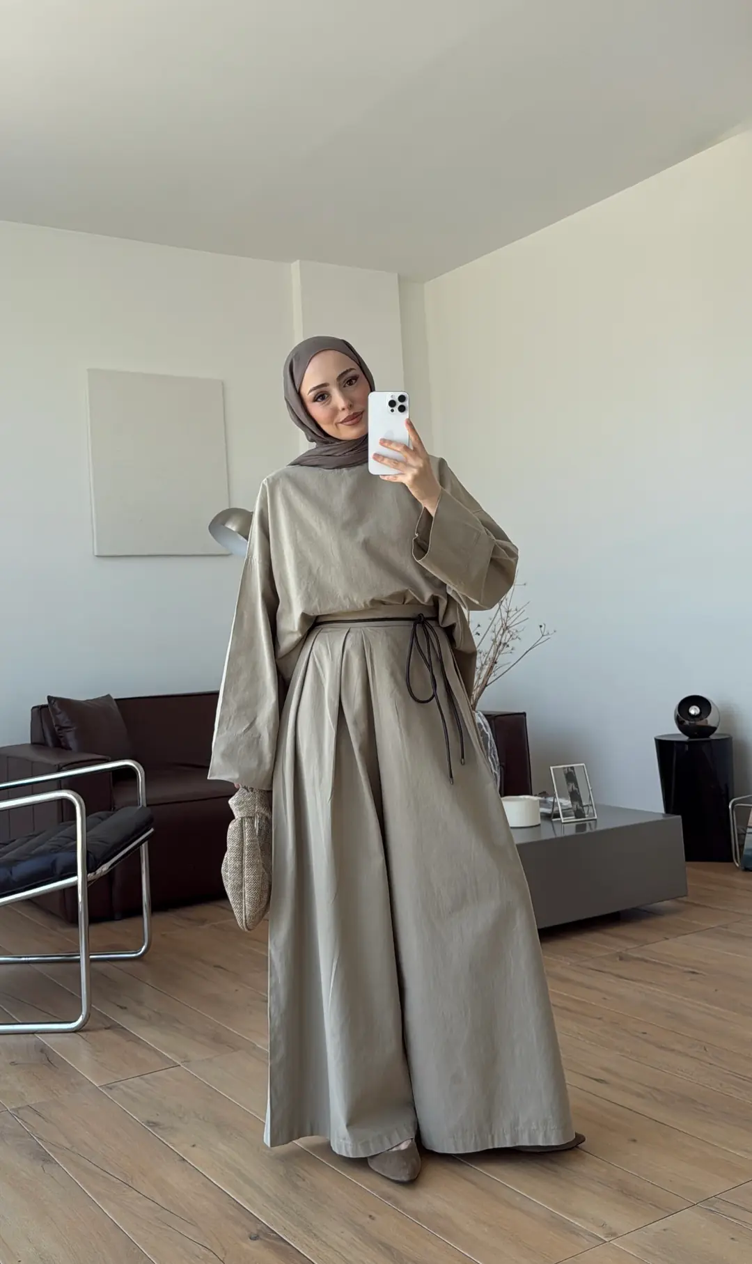 Oversize Keten Bluzlu Takım Vizon