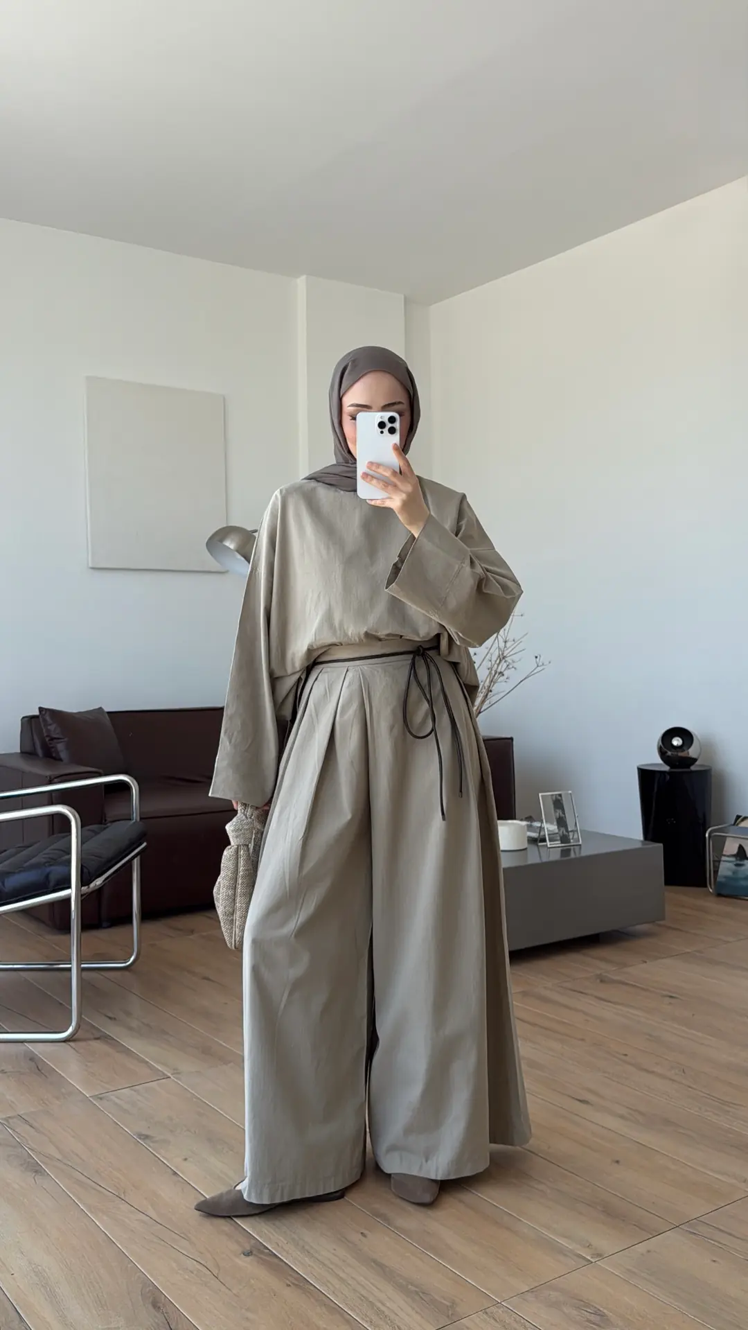 Oversize Keten Bluzlu Takım Vizon