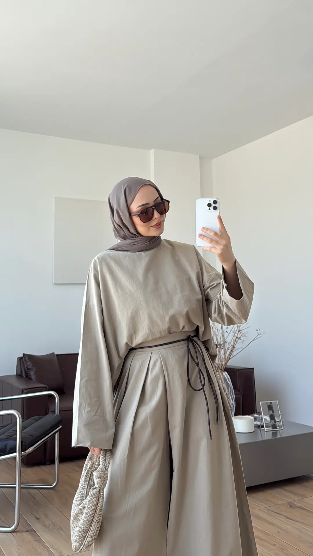 Oversize Keten Bluzlu Takım Vizon