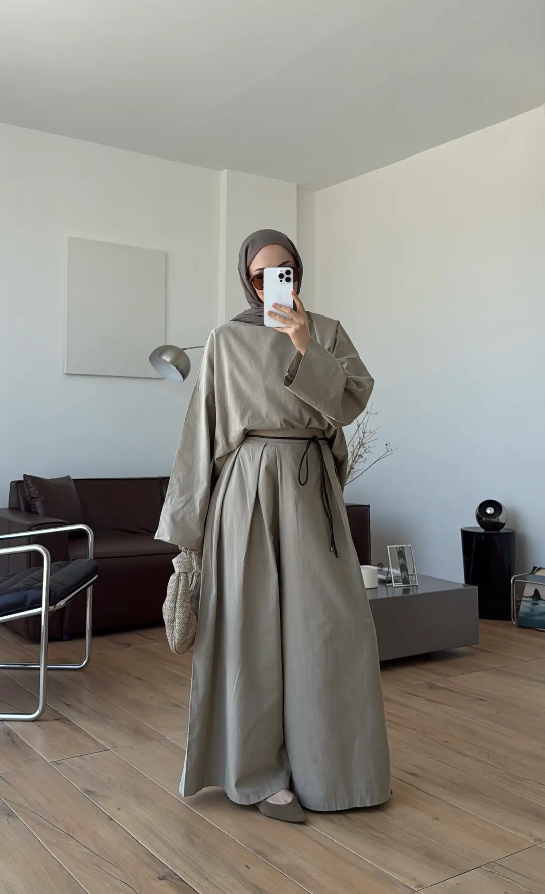 Oversize Keten Bluzlu Takım Vizon