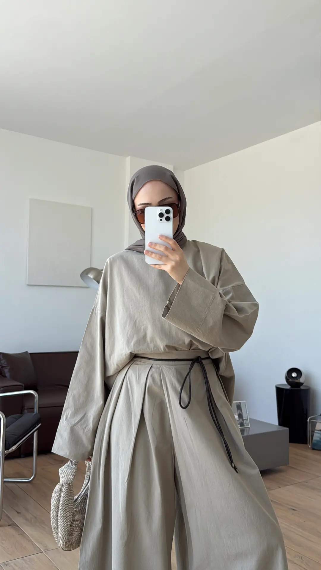 Oversize Keten Bluzlu Takım Vizon