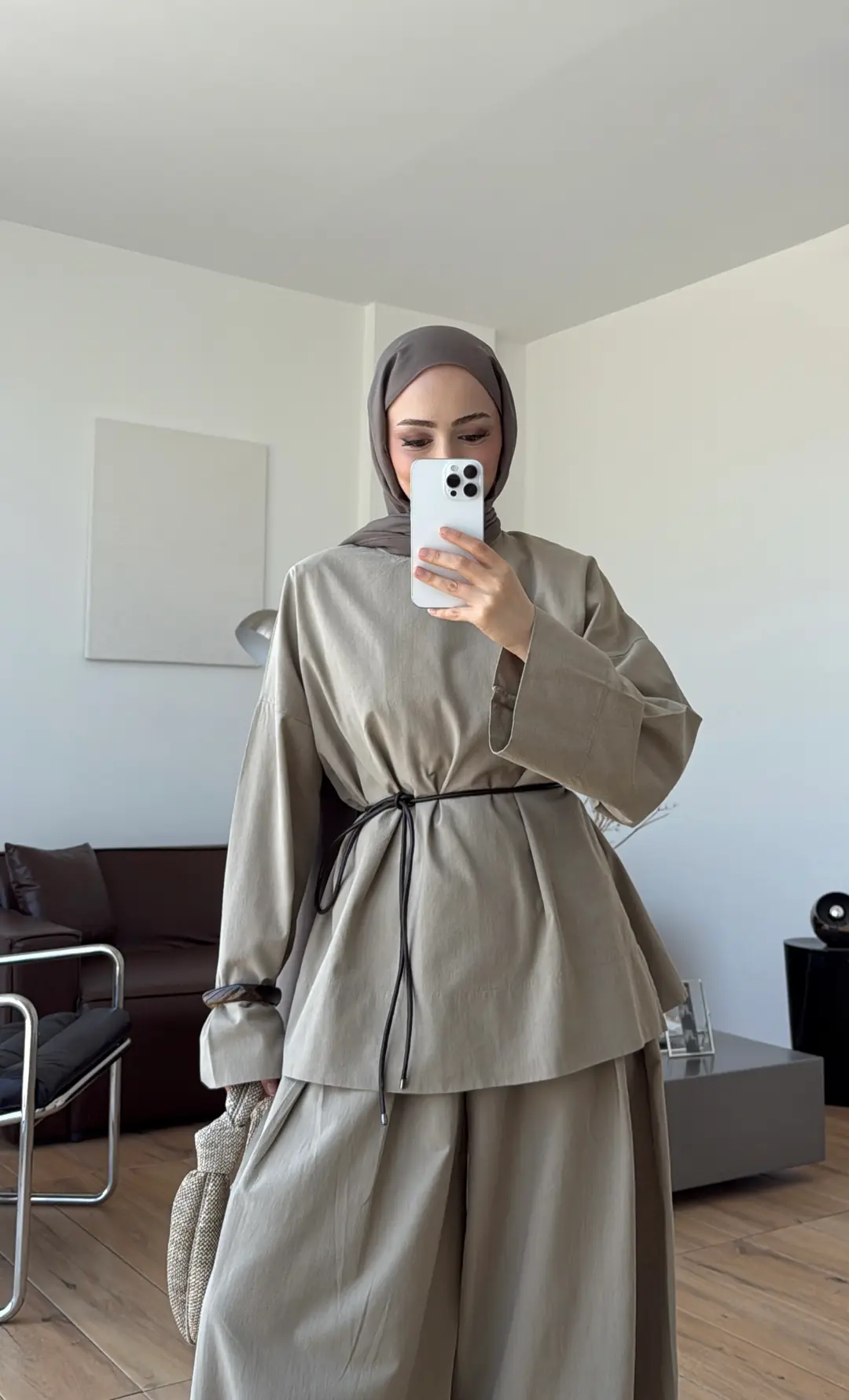 Oversize Keten Bluzlu Takım Vizon