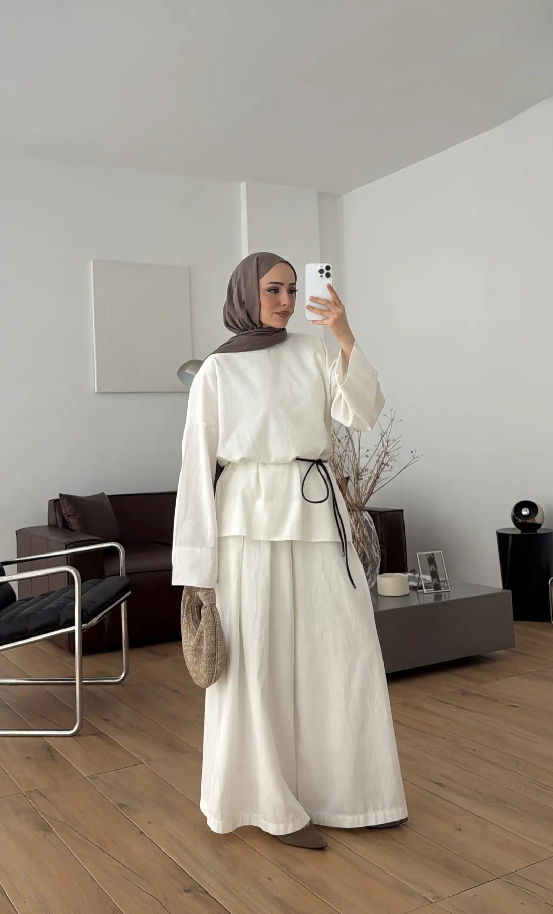 Oversize Keten Bluzlu Takım Ekru