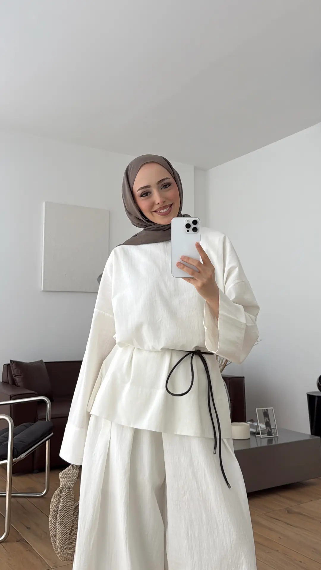 Oversize Keten Bluzlu Takım Ekru