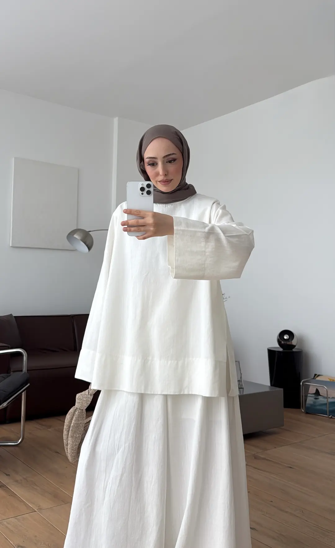 Oversize Keten Bluzlu Takım Ekru