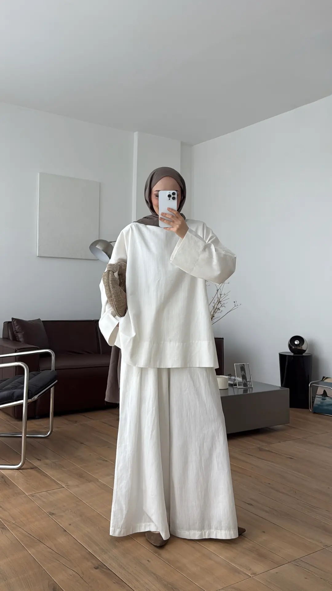 Oversize Keten Bluzlu Takım Ekru