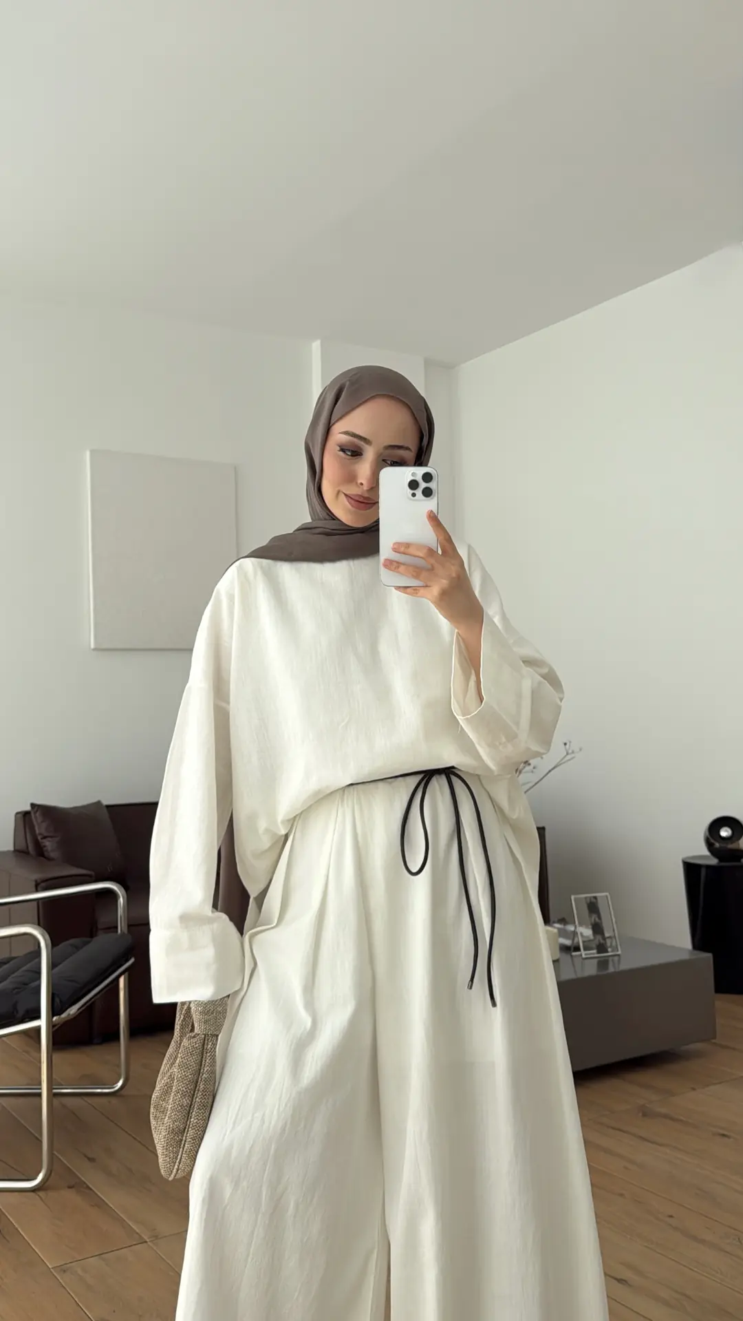 Oversize Keten Bluzlu Takım Ekru